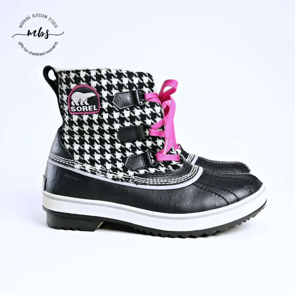 Sorel Houndstooth Waterproof Winter Duck Boots Black White Pink Women 8.5